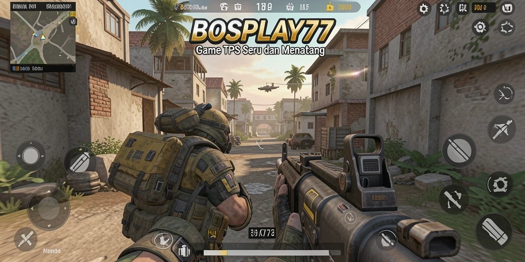 Tampilan gameplay epik dari BOSPLAY77 dalam pertempuran TPS.