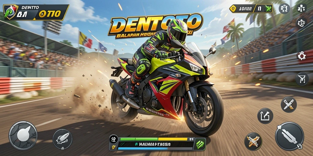 Tampilan DENTOTO saat balapan motor di lintasan yang penuh aksi.
