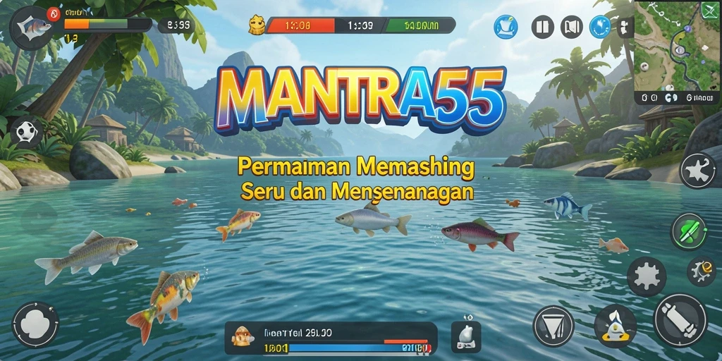 Screenshot gameplay <strong>MANTRA55</strong> menampilkan keseruan memancing di danau.